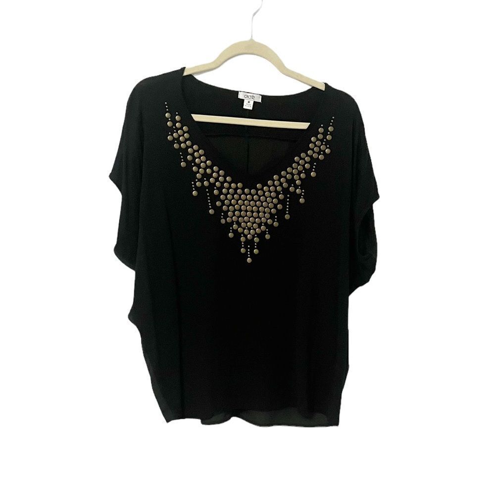 Cache Black Gold Embellished V- neck Dolman Sleeve Shirt Size M